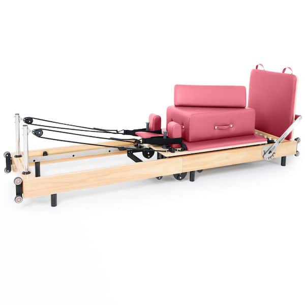 BOZTIY Pilates Reformer Machine Oak Wood Home Pilates Equipment Foldable Pilates Reformer with Reformer Box Jump Board, Pink