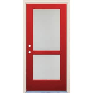 36 in. x 80 in. Right-Hand/Inswing 2 Lite Satin Etch Glass Ruby Red Fiberglass Prehung Front Door w/4-9/16" Frame