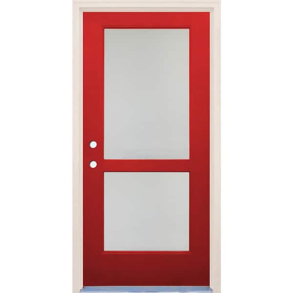 Builders Choice 36 in. x 80 in. Right-Hand/Inswing 2 Lite Satin Etch Glass Ruby Red Fiberglass Prehung Front Door w/4-9/16" Frame
