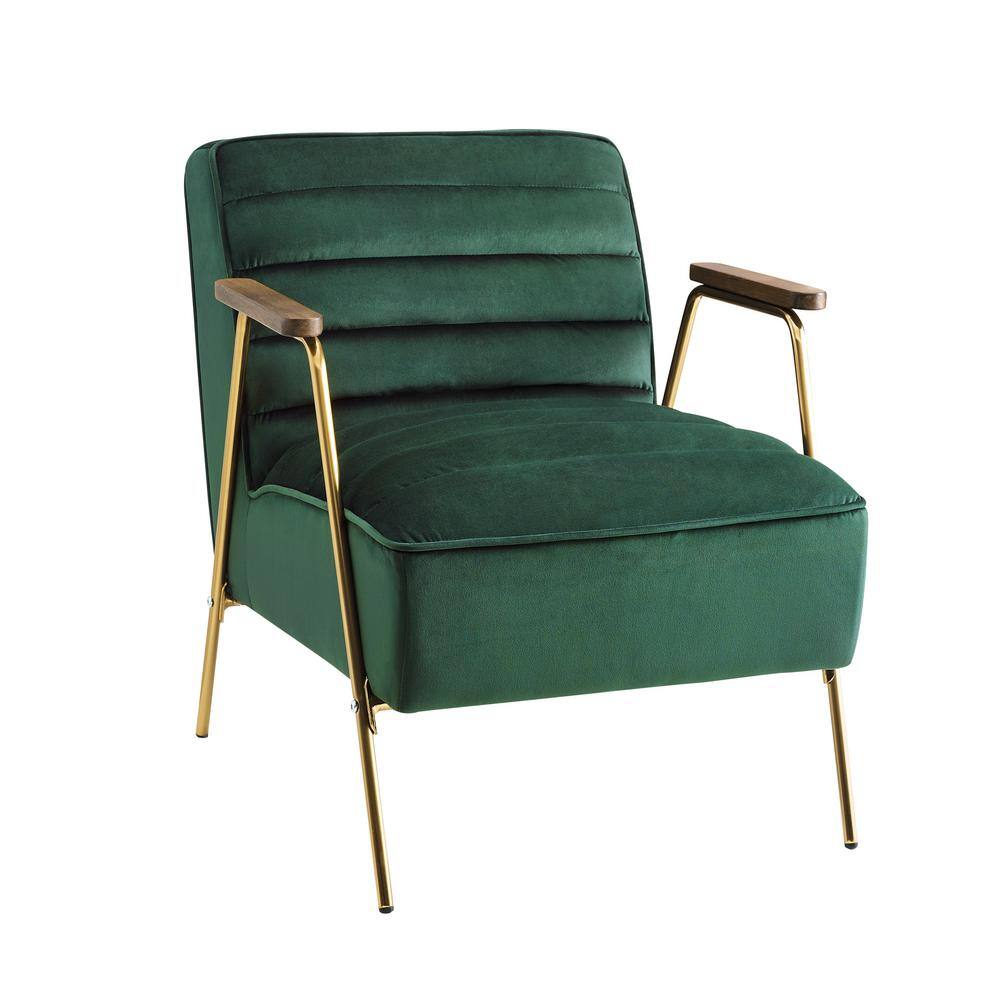 Art Leon Calypso Dark Green Velvet Ribbed Accent Oak Arm Chair with