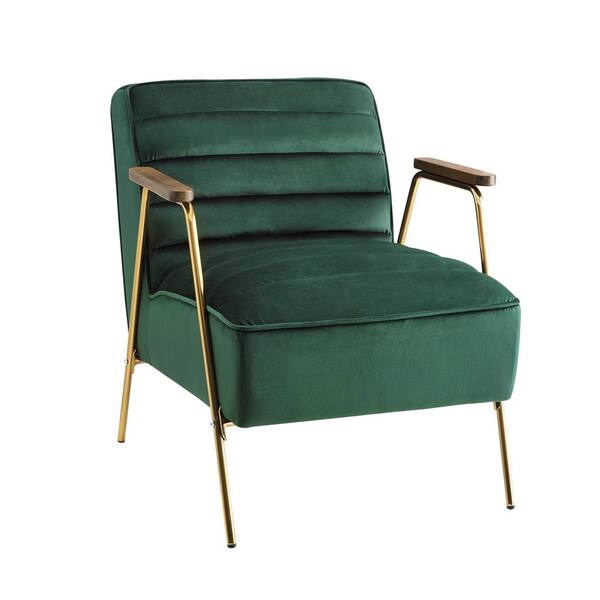 Art Leon Calypso Dark Green Velvet Ribbed Accent Oak Arm Chair with ...