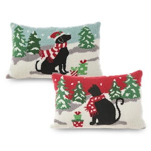 18 in. W x 12 in. H Hooked Christmas Cat and Dog Pillow (Set of 2)