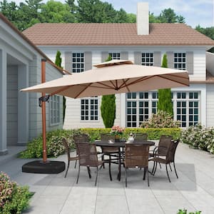 11 ft. Square High-Quality Aluminum Polyester Wood Pattern Patio Umbrella Cantilever Umbrella with Wheels Base, Beige