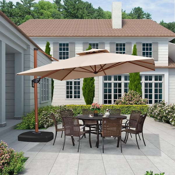 11 ft. Square High-Quality Aluminum Wood Pattern Patio Umbrella Cantilever Umbrella with Wheels Base, Beige