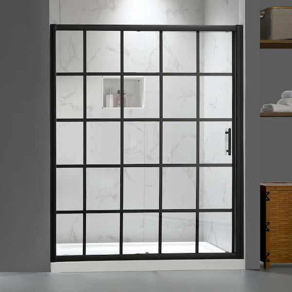UK-003 48 in. W x 79 in. H Single Sliding Semi-Frameless Shower Door in Matte Black, 1/4 in. SGCC Black Grid Glass