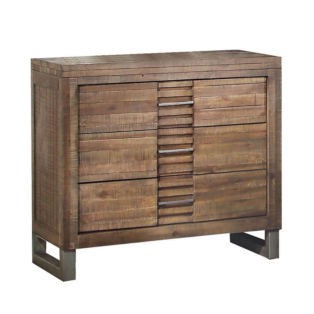 Andria Rustic Brown Wood Nightstand with 3 Drawers and Metal Legs