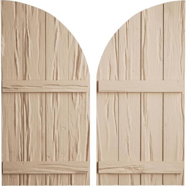 Ekena Millwork 22 in. x 46 in. Polyurethane Riverwood Four Board joined Board-n-Batten Quarter Arch Top Shutters Primed Tan