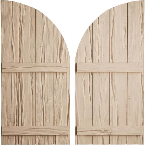 Ekena Millwork 22 in. x 52 in. Polyurethane Riverwood 4-Board Joined Board and Round Arch Top Shutters, Primed Tan