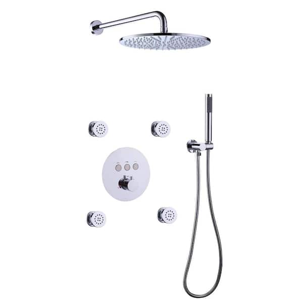 FLG Single Handle 1-Spray Shower Faucet 1.8 GPM with Anti Scald Thermostatic Shower System with Body Jets in Polished Chrome