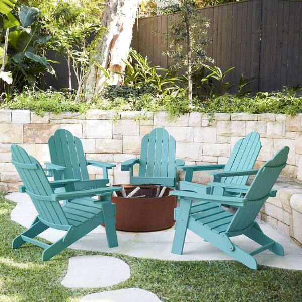LUE BONA Recycled Lake Blue HDPS Folding Plastic Adirondack Chair Weather Resistant Patio Plastic Fire Pit Chairs (Set of 5)