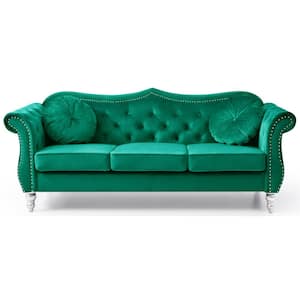 Hollywood 82 in. Round Arm Velvet Rectangle Tufted Straight Sofa in Green