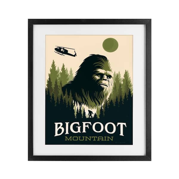 Bigfoot Mountain Forest Black Framed Print Under Glass, design by Omar Escalante