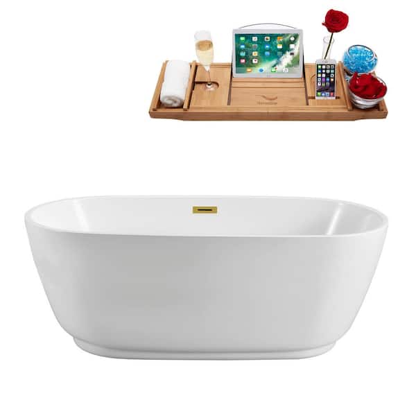 59 in. Acrylic Flatbottom Non-Whirlpool Bathtub in Glossy White with Brushed Gold Drain and Overflow Cover