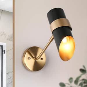 Industrial Black Cylinder Wall Sconce with Gold Swivel Joint 1-Light Damp Rated Bathroom Vanity Light with Metal Shade