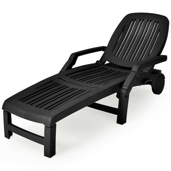 Gymax Black Plastic Patio Adjustable Chaise Lounge Chair Folding Sun Lounger Recliner (Set of 2)