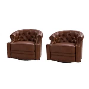 Amalia Brown 31.5 in. W Genuine Leather Swivel Chair with Tufted Back and Nailhead Trim Arm and Base (Set of 2)