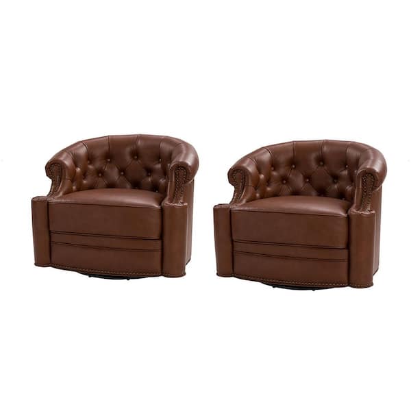 JAYDEN CREATION Amalia Brown 31.5 in. W Genuine Leather Swivel Chair with Tufted Back and Nailhead Trim Arm and Base (Set of 2)