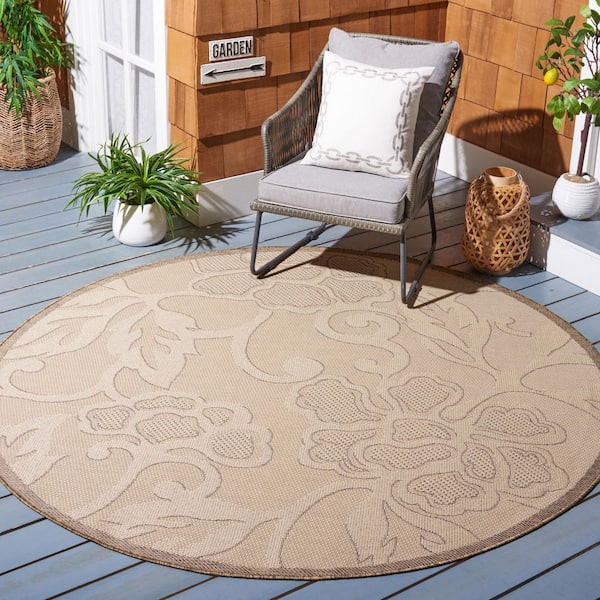 Courtyard Natural/Brown 7 ft. x 7 ft. Round Floral Indoor/Outdoor Patio  Area Rug