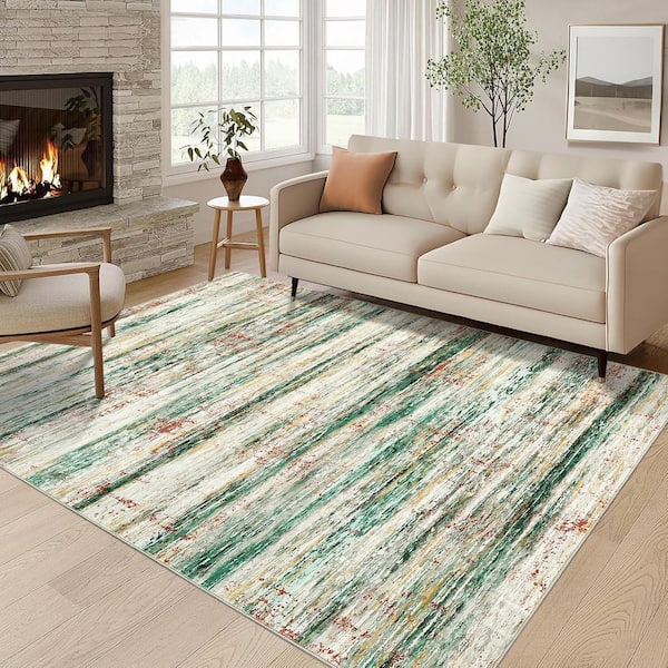 Modern Soft Thin Abstract Printed Carpet Machine for Bedroom Office Dining Room Green, 9 ft. x 12 ft. Area Rug