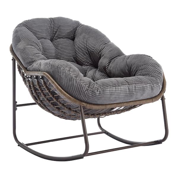Metal Outdoor Rocking Chair with Grey Cushion, Comfortable Recliner for Patio, Garden, or Porch