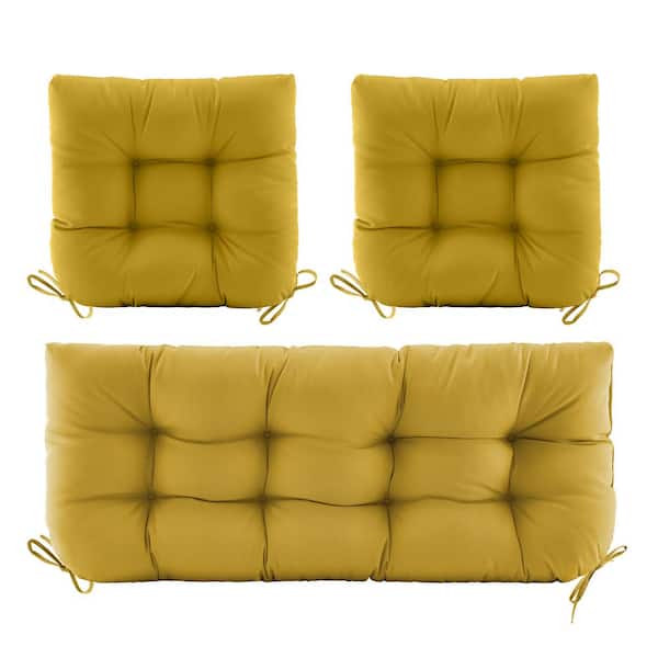 BLISSWALK 3-Piece Outdoor Chair Cushions Loveseat Outdoor Cushions Set Wicker Cushion for Patio Furniture With Tie, Grass Yellow