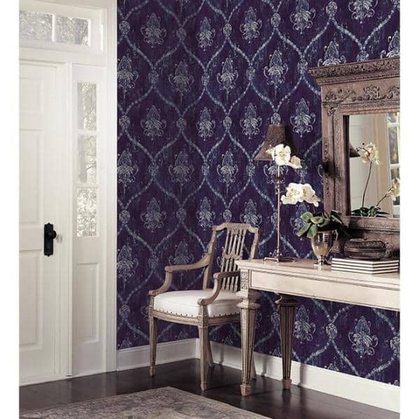 Blue Embossed Damask Pre-pasted Washable Wallpaper