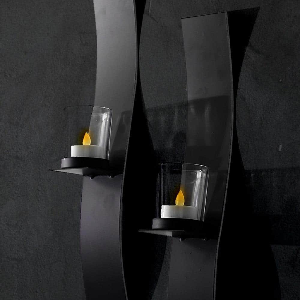 Black Metal and Glass Wall Sconce Candle Holder Set