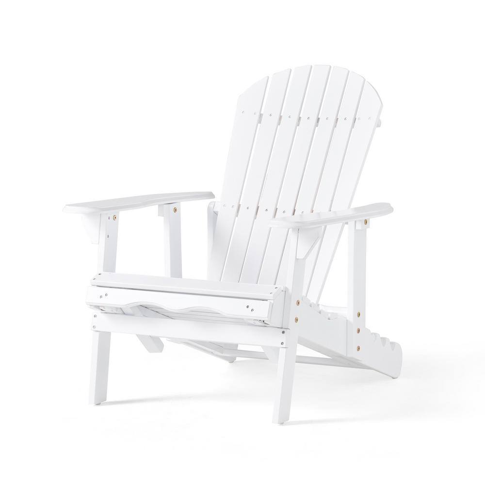 White Reclining Acacia Wood Folding Adirondack Chair with Pullout Ottoman
