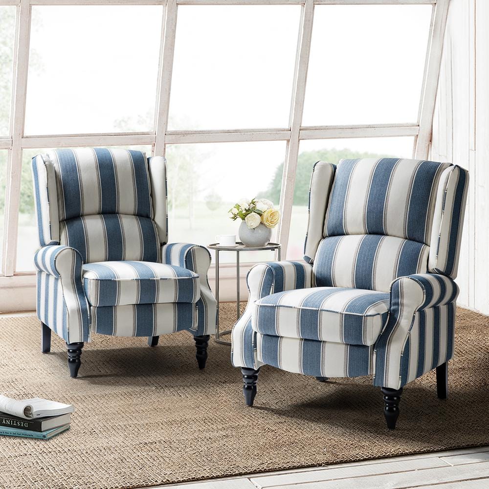 Stripe Navy Ergonomic Wingback Recliner Set with Wood Legs
