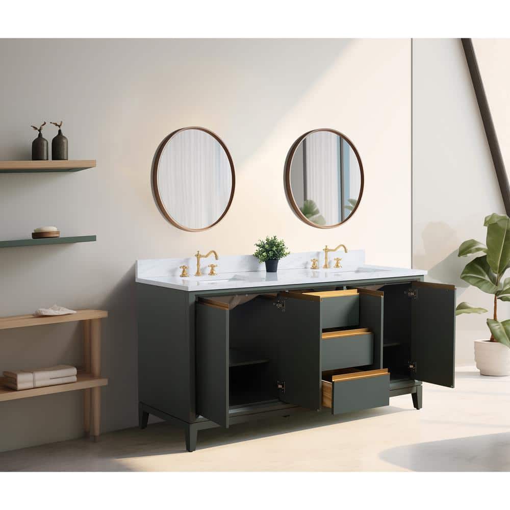 72" Vintage Green Double Sink Bathroom Vanity with Marble Top