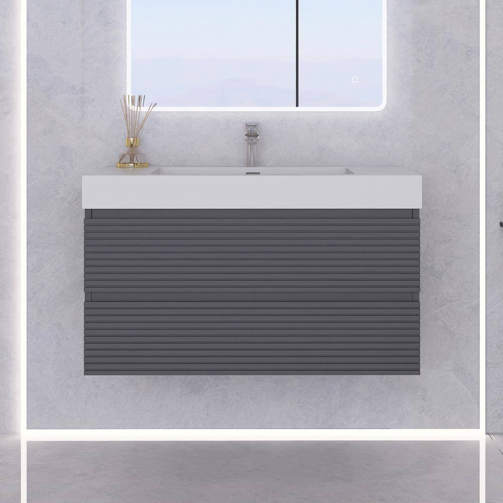 36" Gray Plywood Floating Vanity with White Acrylic Top