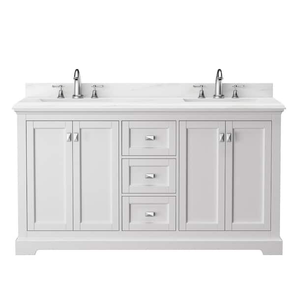 FAMYYT 60.6 in. W x 22.4 in. D x 40.7 in. H Double Sink Fully Assembled Freestanding Bath Vanity in White with White Marble Top
