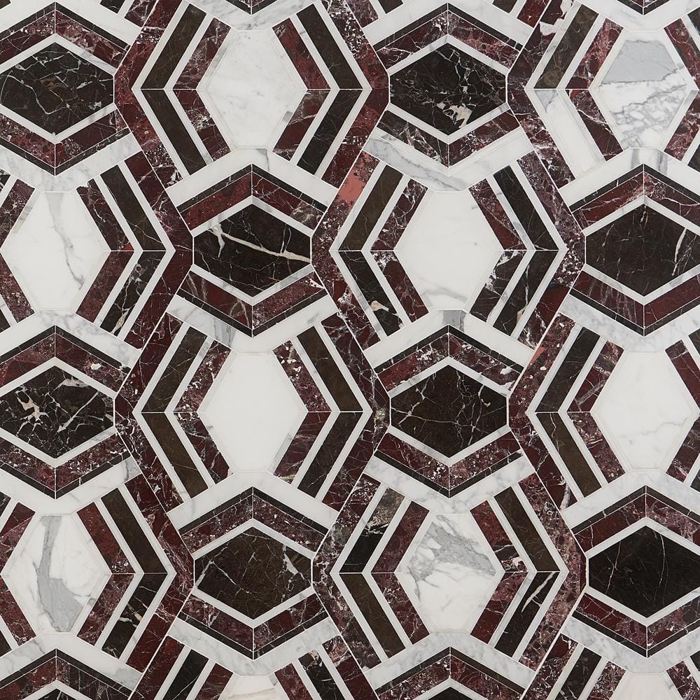Bordeaux and Maroon Geometric Marble Mosaic Tile 11x18