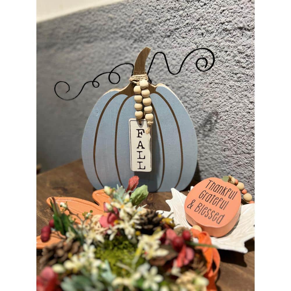 Blue Wood Pumpkin Figurine with Bead Accent for Fall Decor