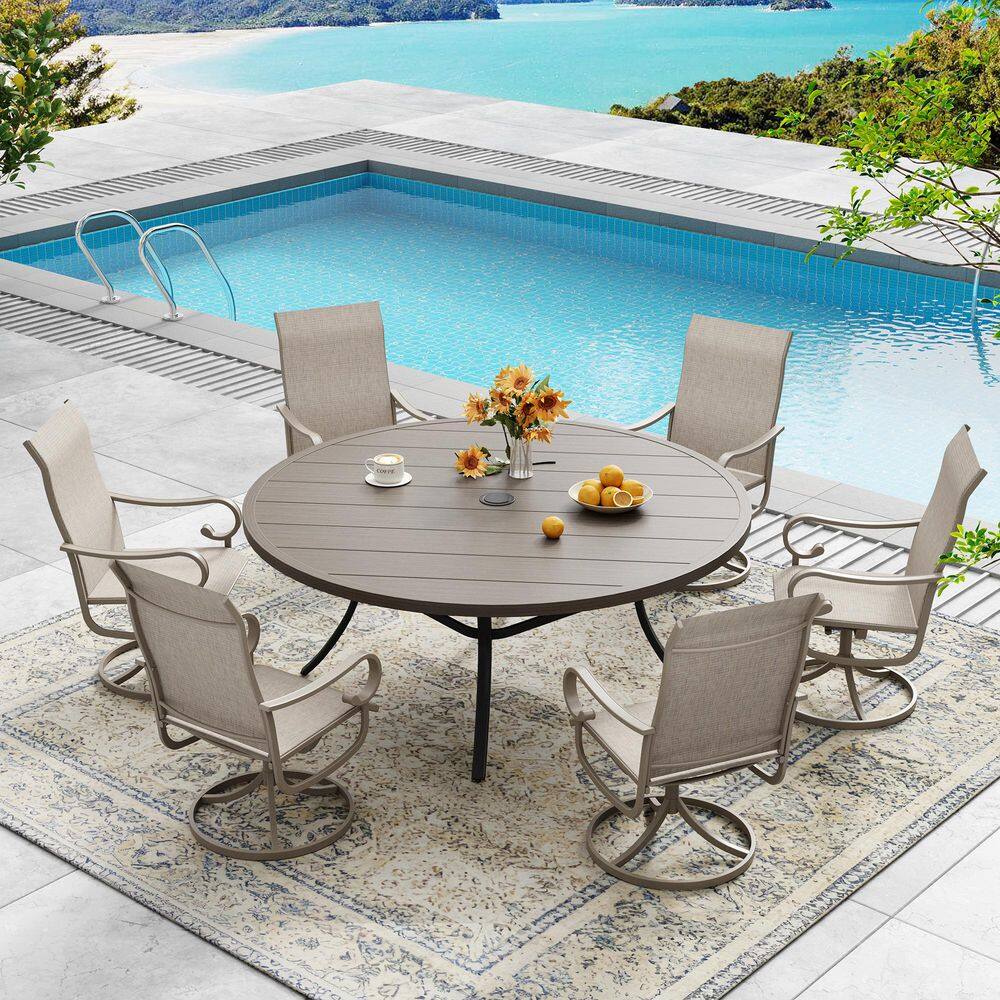7-Piece Metal Patio Dining Set with 53 in. Grey Wood-Like Round Dining Table and 6 Sandshell Textilene Swivel Chairs price history on PriceWatchPro