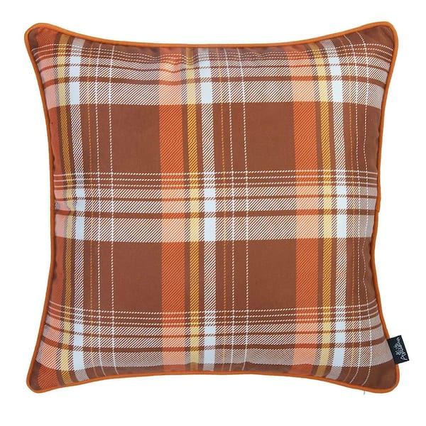 Mike & Co. New York Fall Decorative Throw Pillow Plaid & Pumpkins 18 in. x 18 in. Yellow & Orange Square Thanksgiving for Couch Set of 4, White/