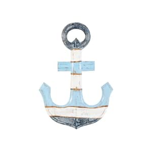 Wood Blue Distressed Anchor Wall Art Decor with Brown and Cream Accents