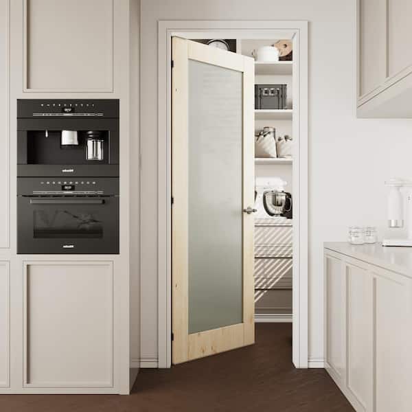 30 in. x 96 in. 1-Lite Unfinished Solid Core Pine Wood Tempered Frosted Glass Interior Door Slab