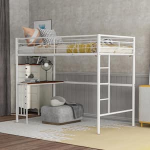 Twin Metal Frame Loft Bed with Desk, Ladder and Guardrails for Bedroom, White