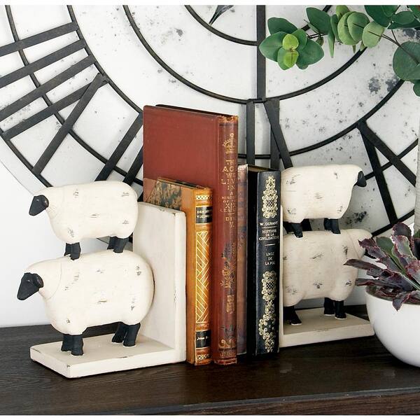 Litton Lane Distressed White Polystone Sheep Bookends with Black Accents (Set of 2)