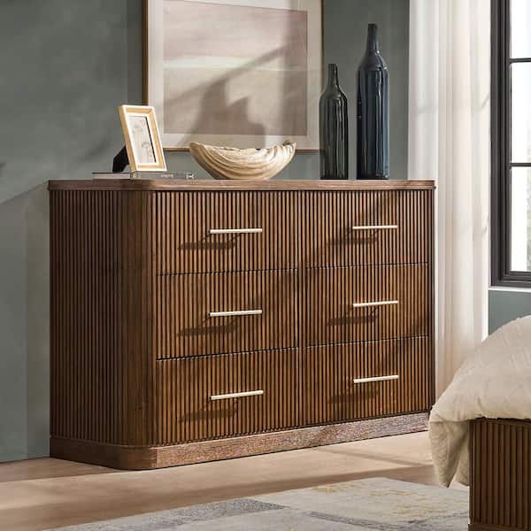 Evangelina Walnut Fluted 6-Drawer 62.25 in. Wide Dresser