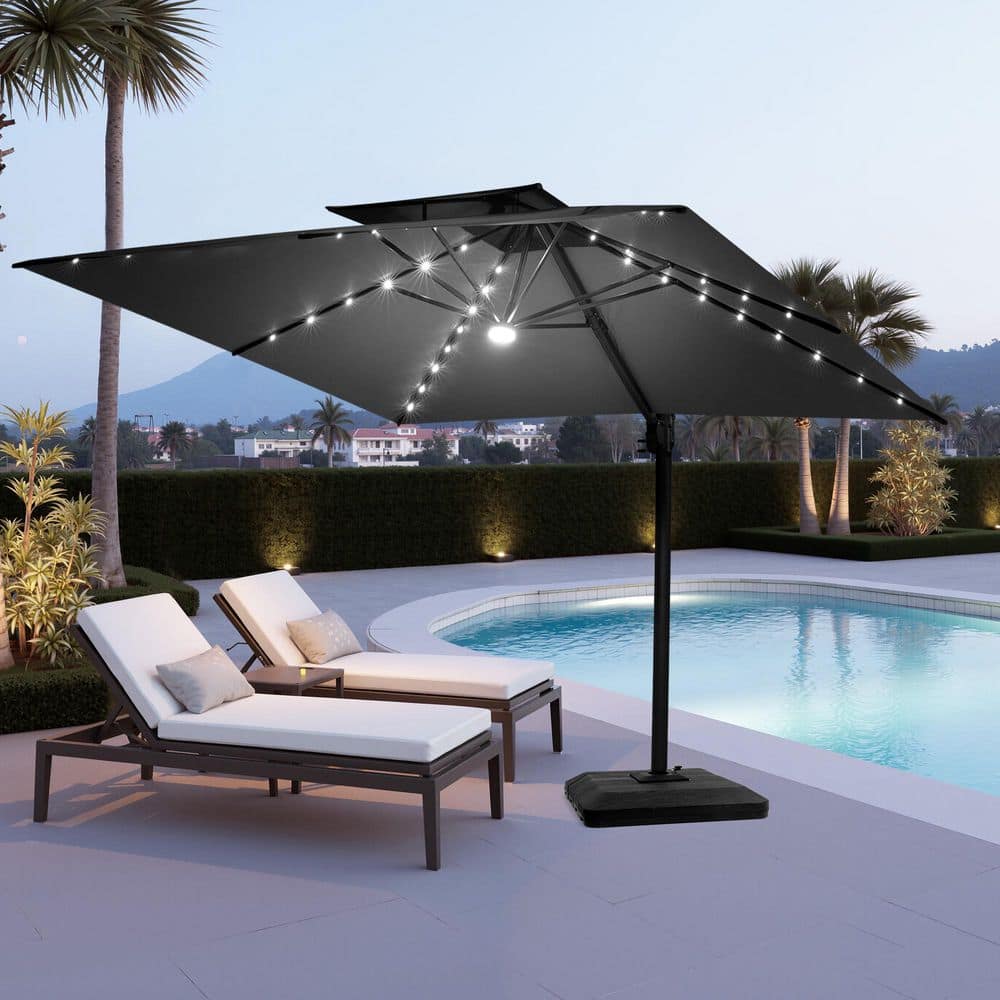 11.5 ft. Square Double-Top Outdoor Offset Patio Solar LED Lighted Cantilever Patio Umbrella in Black with Weighted Base price history on PriceWatchPro