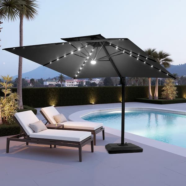 black offset cantilever hanging patio umbrella with dual wind vent Outsunny 11ft Base Crank Brown so you can effortlessly follow the sun or create shade wherever its needed Pellebant 11.5 ft. Square Double-Top