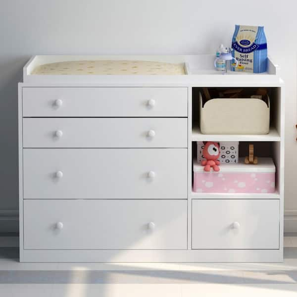 FUFU&GAGA 5-Drawers White Wood Chest of Drawers Dresser Vanity Table Storage Cabinet with Shelf 36.1 in. H x 47.2 W x 19.7 D