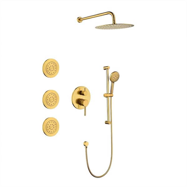 Lukvuzo 3-Jet 11.5 in. Shower System with Hand Shower, Slide Bar and Bodysprays in Brushed Gold