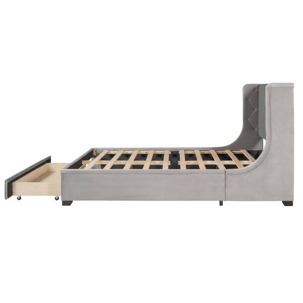 SUNRINX Gray Bed Frame Queen Velvet Upholstered Platform Bed with 