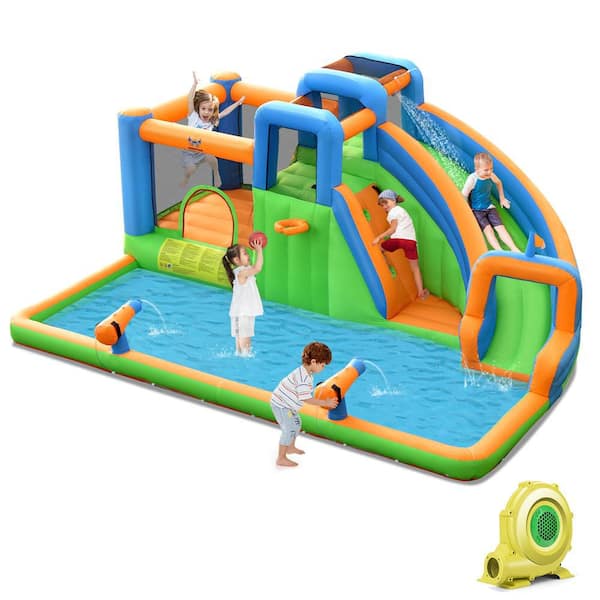 6 in 1 Inflatable Giant Kids Water Park Bounce House with Dual Climbing Walls 735W Blower Included