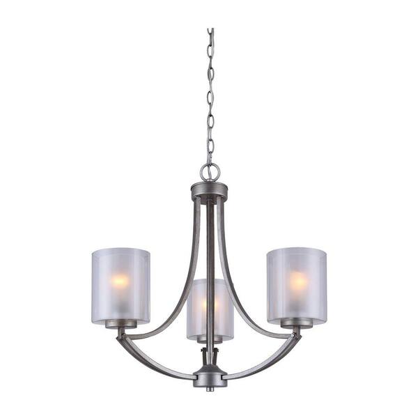 CANARM Bay 3-Light Historic Gold Chandelier with Clear and Frosted Double Glass