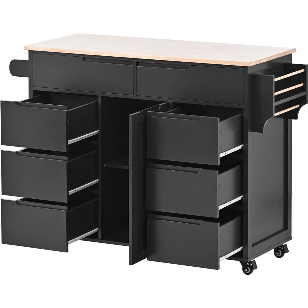 Black Rubber Wood Countertop 53.1 in. W Kitchen Island on 5-Wheels with 8-H