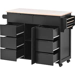 Black Rubber Wood Countertop 53.1 in. W Kitchen Island on 5-Wheels with 8-Handle-Free Drawers and Flatware Organizer